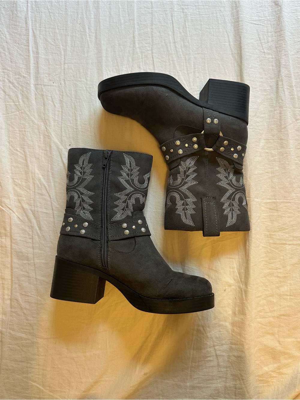 Studded Western-Style Mid-Calf Boots in Charcoal Gray by Sun Stone